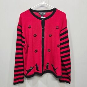Vintage 90s Novelty Cat Cardigan Sweater XL Stripe Paw Print Statement Novelty